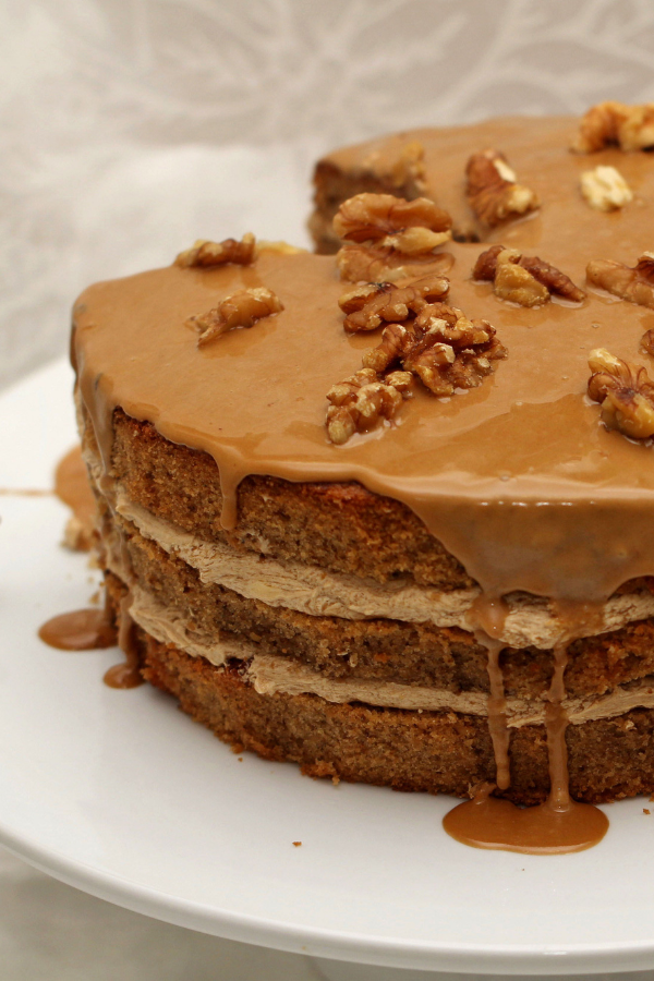 Coffee Walnut Layer Cake with Caramel Drizzle