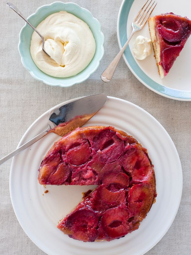 Plum & Vanilla Upside-Down Cake with Vanilla Mascarpone